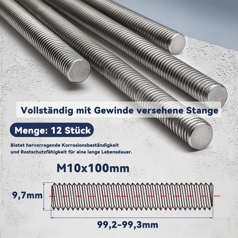 Dayalo Pack of 12 M10 threaded rods, threaded rod M10