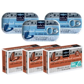 Cole’s Patagonian Smoked Mussels Includes Lemon & Garlic AND Extra Virgin Olive Oil Flavors | 14g Protein | 4oz Hand-Packed Tinned Mussels | 6 pack