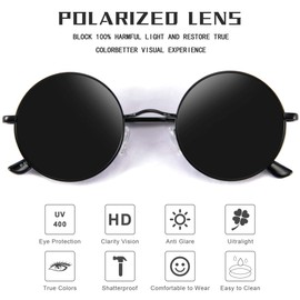 FEISEDY Retro Round Polarised Sunglasses Vintage Women Men Spring Hinge Metal Frame B2528, 001 black frame black lenses
