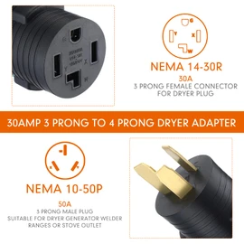 NEMA 10-50P to 14-30R 50Amp to 30Amp Dryer Adapter 3 Prong 4 Prong Compact 120V/240V 30 Amp Welder Dryer Cord Adapter for RV Camper Generator(Black)