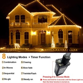 KNONEW Christmas Lights Outdoor Decorations 1216 LED 99ft 8 Modes Curtain Fairy String Light with 228 Drops, Clear Wire LED String Light Indoor Decor for Wedding Party Christmas Decoration Warm White