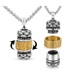 JAJAFOOK Feng Shui Rotatable Prayer Wheel Fidget Pendant Necklace, Om Mani Padme Hum Buddhist Mantra, Memorial Urn for Ashes or Small Pill Holder, with 24 Inch Stainless Steel Chain
