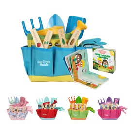 Blue Kids Gardening Tools - Includes Sturdy Tote Bag, Watering Can, Gloves, Shovels, Rake, and Delightful Children's Book - Kids Garden Tool Set -Easter Gifts for Toddler Age on up.