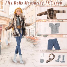 17 Stück Kleidung und Zubehör für 11,5 Zoll Puppen, Neue Puppenkleidung 5 Hahnentritt Mode-Outfits mit Jacke und Rock 5 Paar Schuhe 4 Taschen 2 Hüte 1 Schal für Mädchen Geschenk