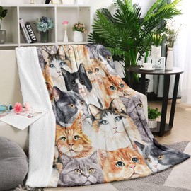 Cat Blankets for Cat Lovers Cute Cat Throw Blanket for Kids Watercolor Cat Print Blankets Gifts Flannel Fleece Blankets for Girls Plush Lightweight Blanket All Season Couch Sofa, 101cm x 127cm