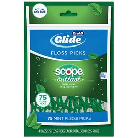 Oral-B Oral B Glide Complete with Scope Outlast Dental Floss Picks, Mint 75 Count 4 PK