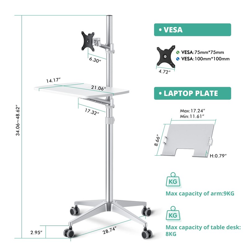 viozon Mobile Desk,Mobile Workstation,Mulitiuse Rolling Laptop Floor Stand,34"-48.6" Height Adjustable,Compatible