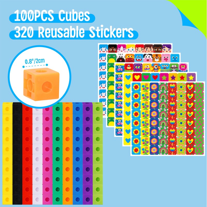 100 Math Linking Cubes, Math Cubes with 320 Reusable Stickers