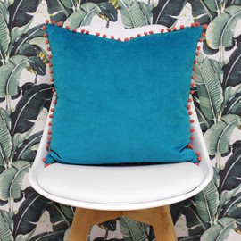Riva Paoletti Velvet Pompom Cushion Cover - Teal Blue - Faux Velvet Fabric - Contrasting Coral Orange Pompom Edges - Hidden Zip Closure - 100% Soft Cotton - 45 x 45cm (18" x 18" inches)