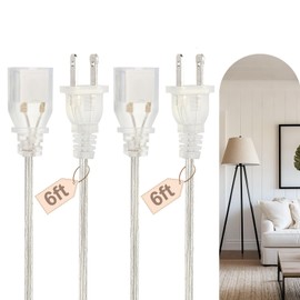 2 Pack Clear Extension Cord 6 feet, UL & ETL Certified Indoor Thin 2-Prong Power Cable for Lamps, Night Lights, Small Decor