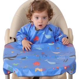 PewinGo Bib with Sleeves, Baby Sleeve Bib, Attaches to Your High Chair, Baby Bib with Sleeves, Waterproof, Comfortable and Soft, for BLW Measuring 6 Months to 3 Years Old, blue