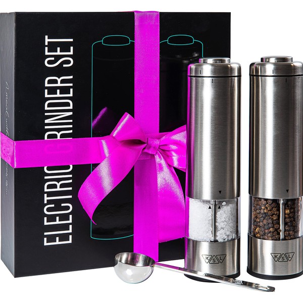 KSL Electric Salt and Pepper Grinder Set - Adjustable Motorized Electrical Powered Auto Shakers - Automatic Power Mill - Automated Battery Operated Electronic Crusher - Christmas Mother's Day Gift Kit