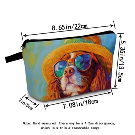 MoCaliduccious Cavalier King Charles Spaniel Makeup Bag Vintage Oil Painting Style Adorable Dog with Straw Hat & Sunglasses Artistic Cosmetic Pouch for Dog Lovers Gift for Pet Enthusiasts