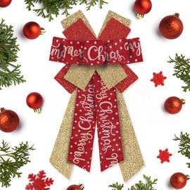 Hying Large Christmas Bows for Wreath, Christmas Wreath Bow Glitter Golden Red Burlap Bows Xmas Tree Topper Bows Ornaments for Front Door New Year Christmas Party Decoration Supplies