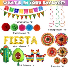 32pcs Mexican Party Decorations, Fiesta Party Decor Crepe Paper Streamer Mexican Themed Paper Fans Pom Poms Flowers for Mexican Fiesta Party Cinco De Mayo Party Supplies