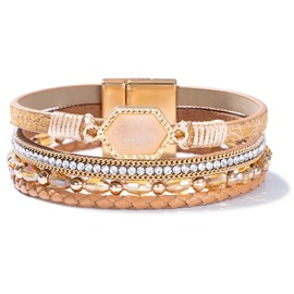 FANCY SHINY Crystal Beaded Leather Wrap Bracelet Stackable Boho Jewelry for Women Trendy Braided Resin Stone Bangle Cuff with Magnetic Clasp(Bronze)