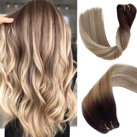 Weft Hair Extensions Human Hair, 16 inch 100g Sew in Hair Extension Real Human Hair, Balayage Ash Brown to Blonde Highlights Remy Human Hair Extensions, Hand Tied Weft Hair Extensions