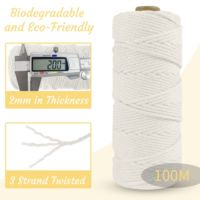 LEREATI Macrame Cord 2mm x 100m, Thick Macrame Rope Natural