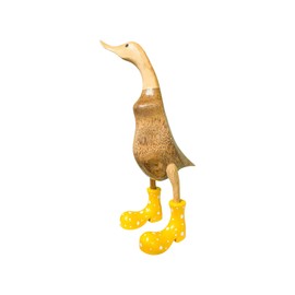 Wooden Crafted Duck Figurine with Spotty Wellies Funny Standing Duck Statues Decorative Resin Rain Boot Animal Sculpture Collectible Crafts Waterproof Garden Lawn Ornament (Yellow, 7.9Inch)