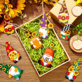 40 Pieces Sunflower Gnome Wooden Ornament Honeybee Hanging Wooden Pendant Summer Gnomes Wood Sunflower Tree Decorations Flower Gnome with Hat Handing Tag with Burlap Rope for Decor(Sunflower Gnome)