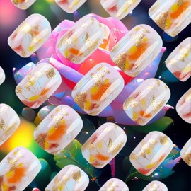 Blooming Colorful Flower Press on Nails Gingko Blossom Short Square False Nails 24 Pcs Glossy Gold Glitter Acrylic Fake Nails Gel Glue on Nails Multicolor Gradient Stick on Nails for Coquette Women