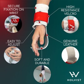 HOLVIST Empuñaduras de gimnasia | Empuñaduras de gimnasia hechas de piel | Empuñaduras de gimnasia para niñas de 10 a 12 años | Empuñaduras de gimnasia con velcro para niñas de 7 a 9 | Puños de gimnasia de 2 agujeros para mujer (1, rojo)