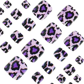 24Pcs Press on Toenails Short Leopard Print Fake Toe Nails Designs Purple Black Snake Scale Design False Toenails Acrylic Toe Nail Press ons Artificial Stick on Toenails for Coquette Women
