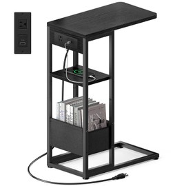 C Shaped End Table with Charging Station, Small Side Table for Couch Recliner, Slide Under Sofa Desk Snack Tables with Storage Bag & AC / USB Outlet, Small Spaces Drink Tables for Living Room, Bedroom