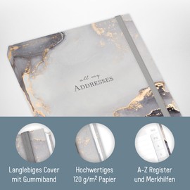 paper&you® A5 Address Book with Index A-Z [Grey Marble] Book for Contacts, Birthdays & Passwords - Sustainable and Climate Friendly