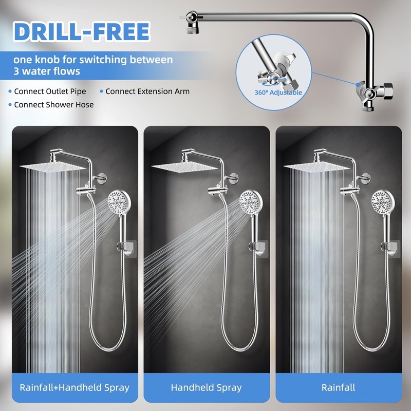 All Metal Shower Head, 8" High Pressure Rainfall/Handheld Shower Combo
