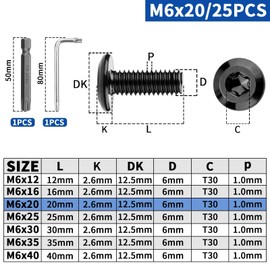 XRXYMQ Pack of 25 M6 screws, black, flat head screws, M6 x 20 mm screws, 304 stainless steel Torx screws, with Torx key, with screwdriver bit wrench