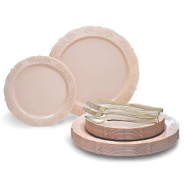 " OCCASIONS " 360 Pcs set (60 guest) Wedding Disposable Plastic Plate and Silverware Combo 10.25" + 7.5" + Silverware (Double Fork) (Portofino Blush/Antique Rose, Gold Silverware)