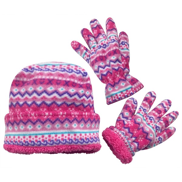 N'Ice Caps Big Girls Fair Isle Print Hat and Gloves Accessory Set (5-8 Years, Fuchsia/Multi)