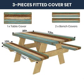 CAPSCEOLL Picnic Table Cover with Bench Covers Waterproof Camping Tablecloth All-Weather Outdoor Table Protector with Drawstring Bag for Camping Essentials, 72X30in, Blue Brown Wood
