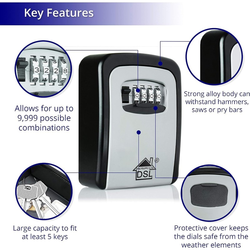 DSL Key Safe Wall Mounted, Waterproof Outdoor 4 digit Combination