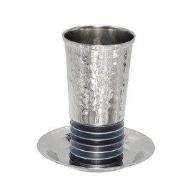EMANUEL Yair Modern Kiddush Cup and Saucer Set for Shabbat - Hammered Aluminum with Stacked Anodized Aluminum Rings - 4.3" Modern Judaica Gift (Gray CUR-5)