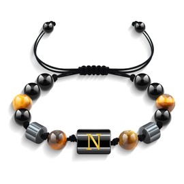 Yifnny Initial Bead Bracelet for Men, Tiger Eye Black Obsidian 8MM Beads Bracelet Adjustable Black Letter Beaded Stone Bracelet Jewelry Alphabet Beads Birthday Father Gifts for Men (N)