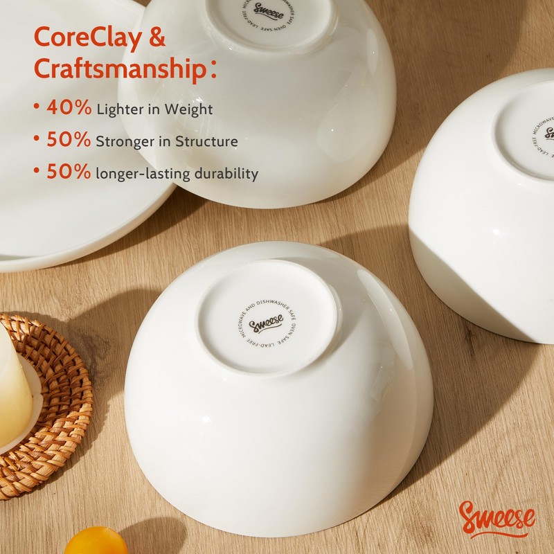 Sweese Porcelain Bowls Set of 6, 20oz Lightweight Round Cereal