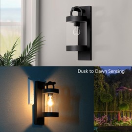 Outdoor Dusk to Dawn Wall Lantern Black Modern Exterior Wall Mount Light Fixture with Photocell E26 Waterproof Porch Light for Patio Garage Front Door