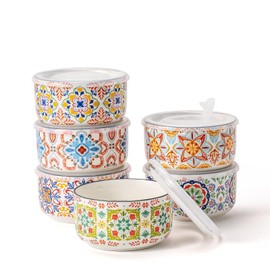 Chubacoo Ceramic Bowl with Lid: Microwave Safe Soup Bowls Set of 6 - Food Storage Containers with Lids for Picnic, Camping - Lunch Boxes, Food Prep Bowls with Lids - 5 in, 20 oz (Floral)