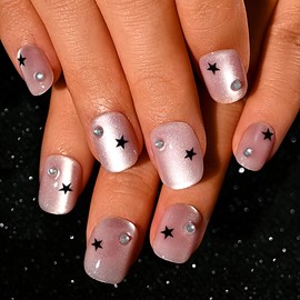 Sethexy Squoval Press on Nails Short - Nude Pink, Cat Eye, Black Star, Rhinestone Design Acrylic Fake Nails for Women 15 Sizes - 30 Pcs Soft Gel Nails Kit with Glue