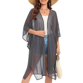 Women's Solid Puff Sleeve Kimono Long Cardigan Loose Cover Up Casual Blouse Top Chiffon, Grey, One Size