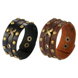 JewelryWe 2PCS Men Leather Bracelet Punk Braided Rope Alloy Bracelet Bangle Wristband(Black/Brown)