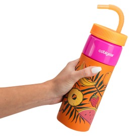 COOL GEAR GO GRIP 24oz Plastic Retro Squishy Water Bottle | Cute Printed Design, Foam Grip, Resealable Bendy Straw | Dishwasher Safe (Fruit Orange & Summer 2-Pack)