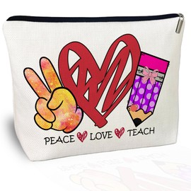 CLHHM Teacher Appreciation Makeup Bag, Peace & Love Design Zipper Cosmetic Pouch for Women Educators, Compact Purse Organizer, Inspirational Teach Gifts for Birthdays, Teacher’s Day