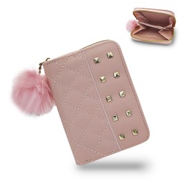 FuninCrea Women's Small Purse Women's Small Fashionable with Plush Ball and Zip, Women's Small Portable Purse with Metal Studs and Diamond Pattern, pink, Modern