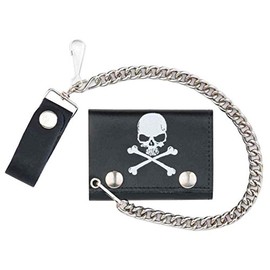 Genuine Leather Men's Skull & Crossbones Tri-Fold Chain Wallet, Black TC304-6