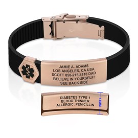 Divoti Custom Dual-Sided Engraved Silicone Medical Alert ID Wristband w/Security Clasp & Trim-to-Fit True Black Silicone Band w/Security Clasp - 14MM PVD Rose Gold/Black