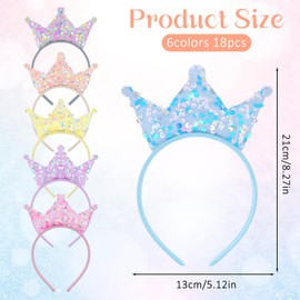 JJUNW 18 Pack Glitter Princess Crown Headband, Sequin Crown Birthday Headbands Shiny Tiaras for Girls Kids Teens Princess Party Decorations Party Favors (6 Colors)