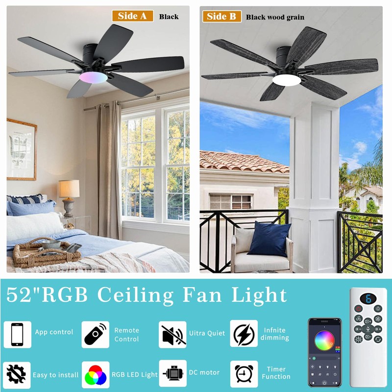 52inch Black Ceiling Fans with Lights and Remote/App Control, Low